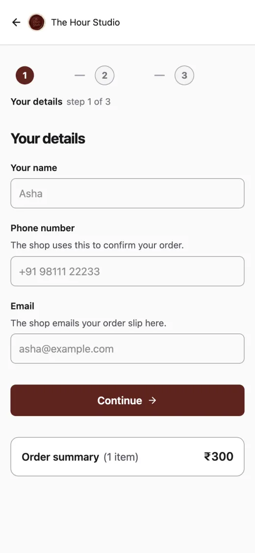 The Hour Studio checkout on a phone, step 1 of 3: fields for name, phone number and email, a Continue button and the order summary.