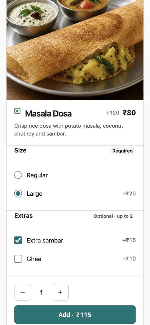 Mango Leaf Kitchen dish sheet on a phone: a photo of masala dosa, size Large chosen, extra sambar ticked and ghee offered, and the Add button showing 115 rupees.