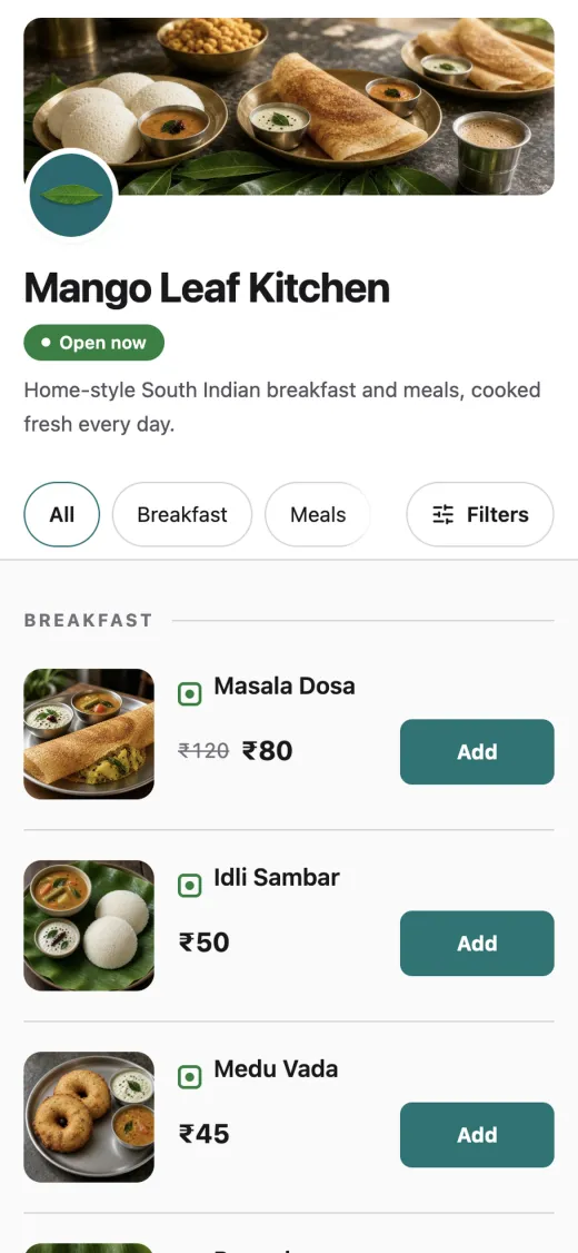 Mango Leaf Kitchen, a demo shop, on a phone: a banner photo of South Indian breakfast, open now, Breakfast and Meals categories, and masala dosa, idli sambar and medu vada with prices and Add buttons.