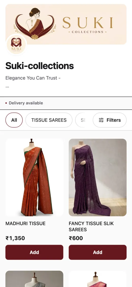 Suki Collections storefront on a phone: shop banner, saree categories and sarees with prices and Add buttons.