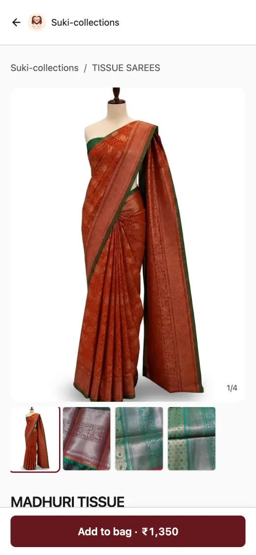Suki Collections product page on a phone: an orange tissue saree with photo thumbnails and an Add to bag button.